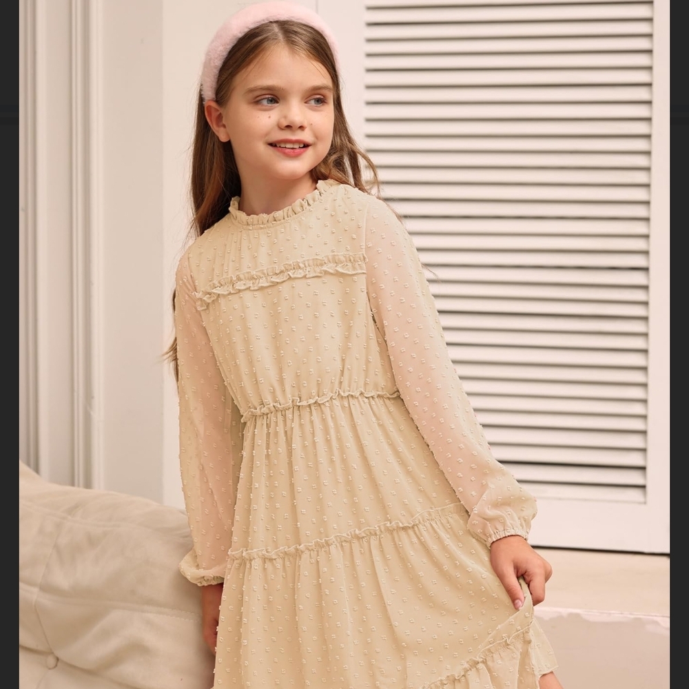 GRACE KARIN Girls Ruffle Tiered Dress Long Sleeve Swiss Dot Flowy Dress Size 10